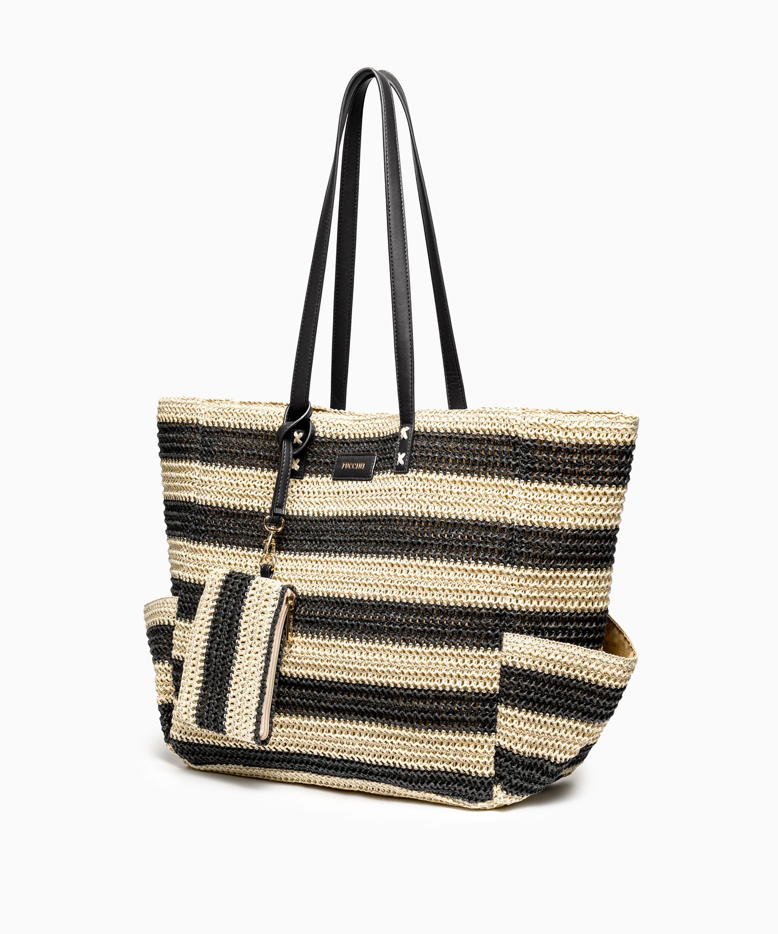 Dámská pletená pruhovaná kabelka s černými doplňky