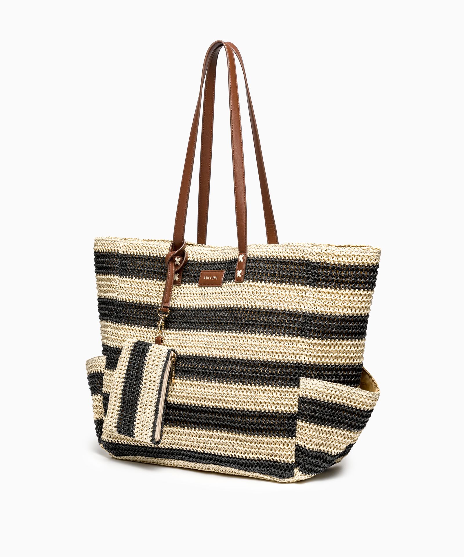 Dámská pletená pruhovaná kabelka s hnědými doplňky