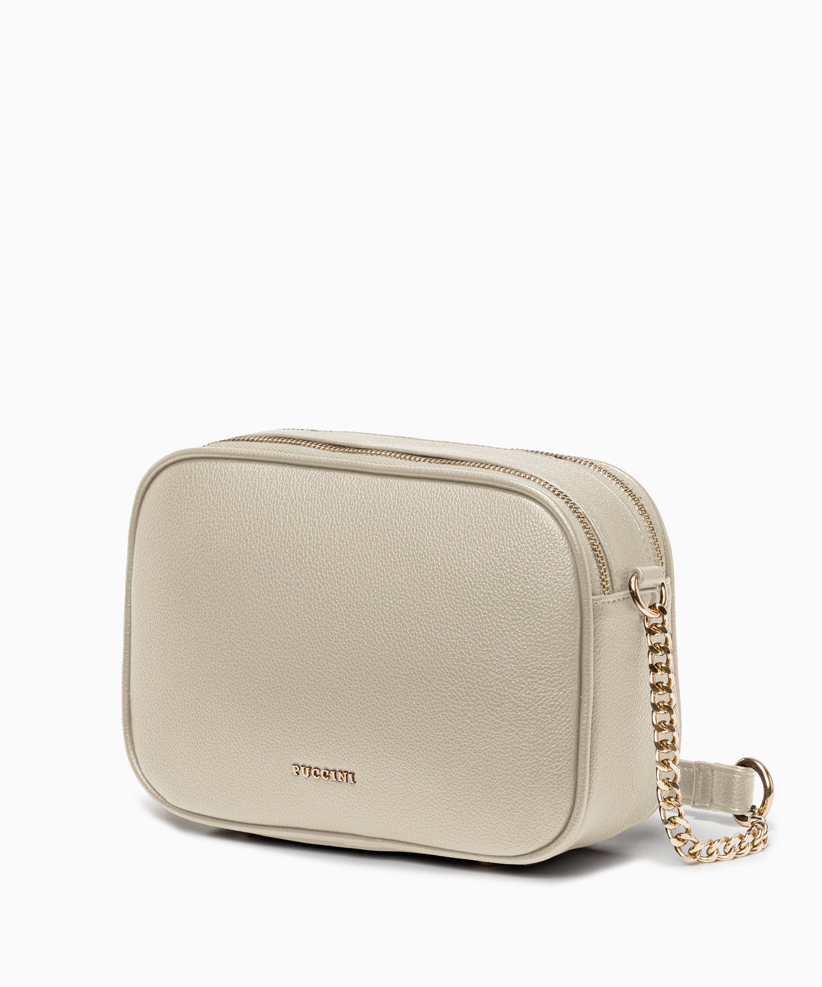 Obdélníková crossbody kabelka s popruhem a řetízkem v béžové barvě