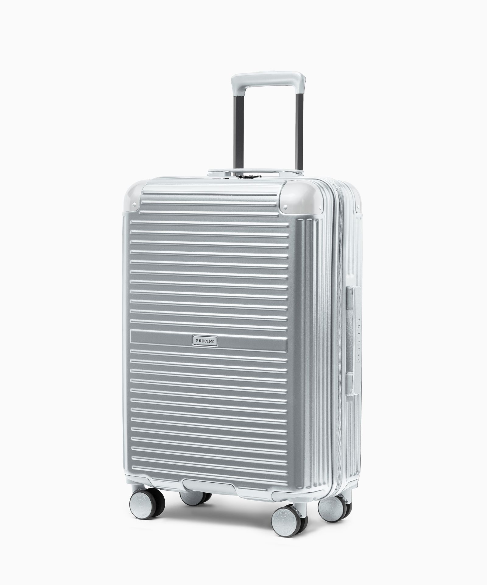 Střední kufr na kolečkách s hliníkovými rohy stříbrný