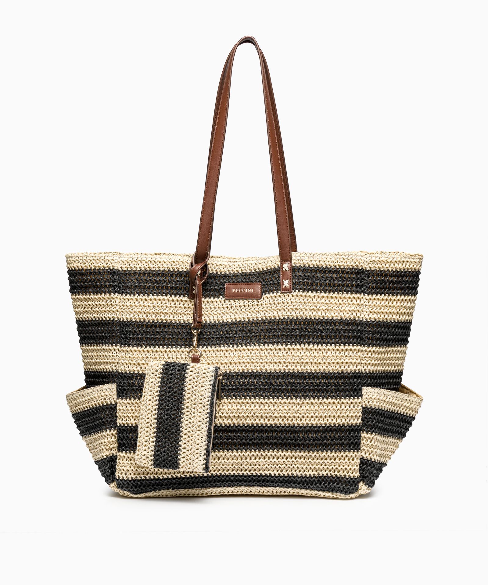 Dámská pletená pruhovaná kabelka s hnědými doplňky