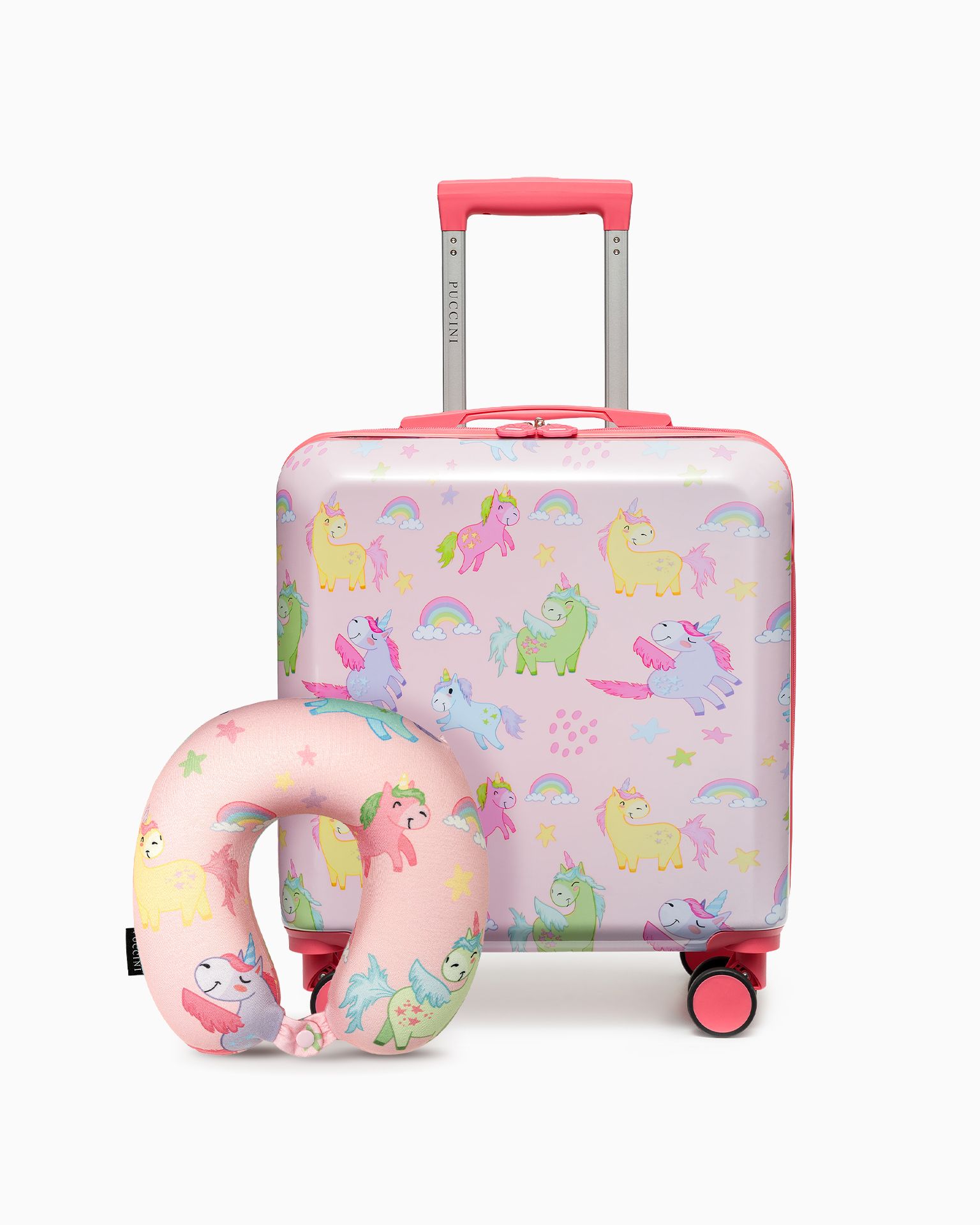 Sada kufr pro děti + cestovní polštář růžový jednorožec