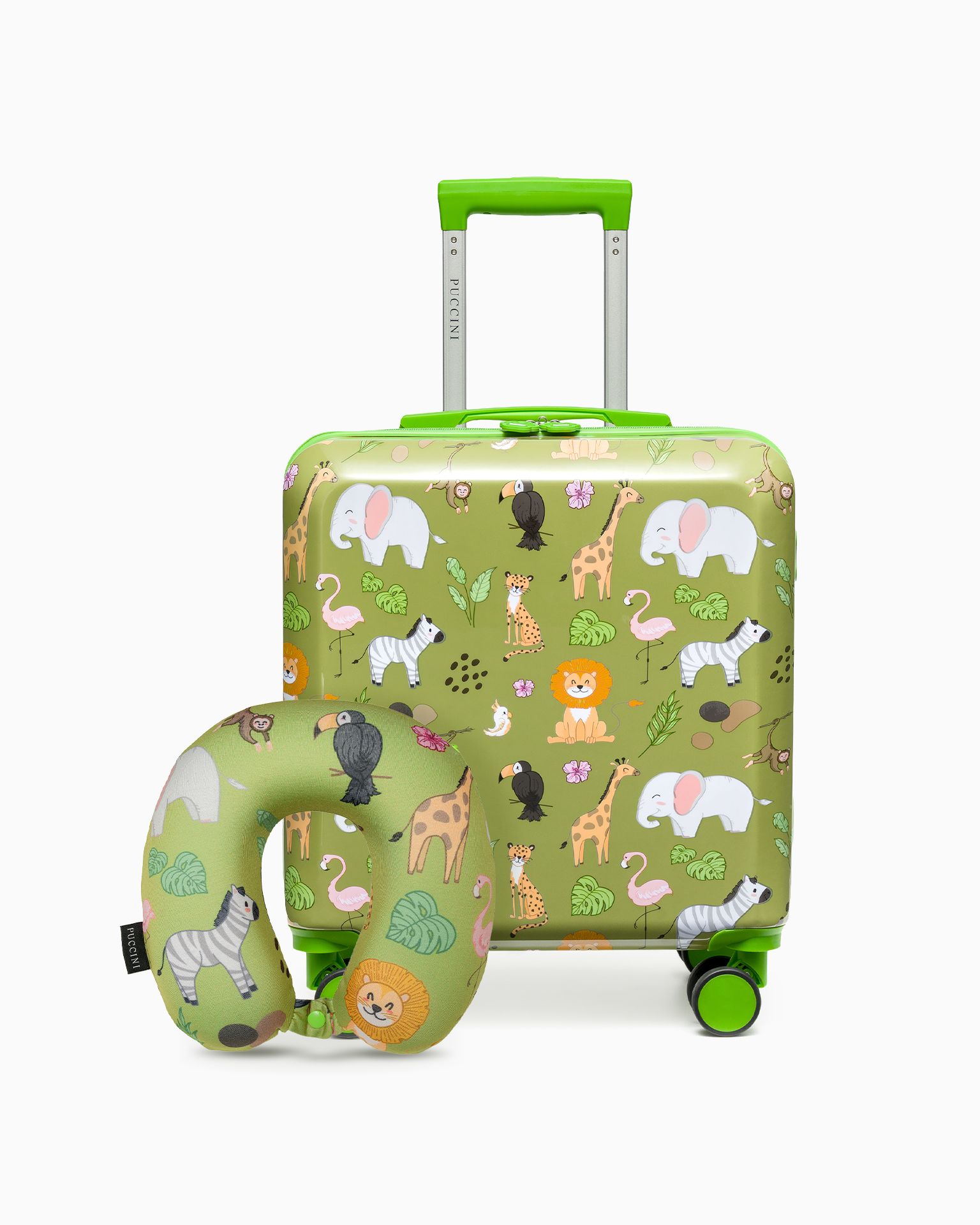 Sada kufr pro děti + cestovní polštář zelený safari